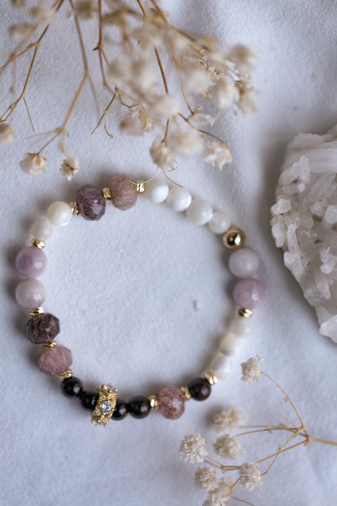 ABUNDANT LOVE Kunzite, Ruby, Garnet and Mother of Pearl Bracelet