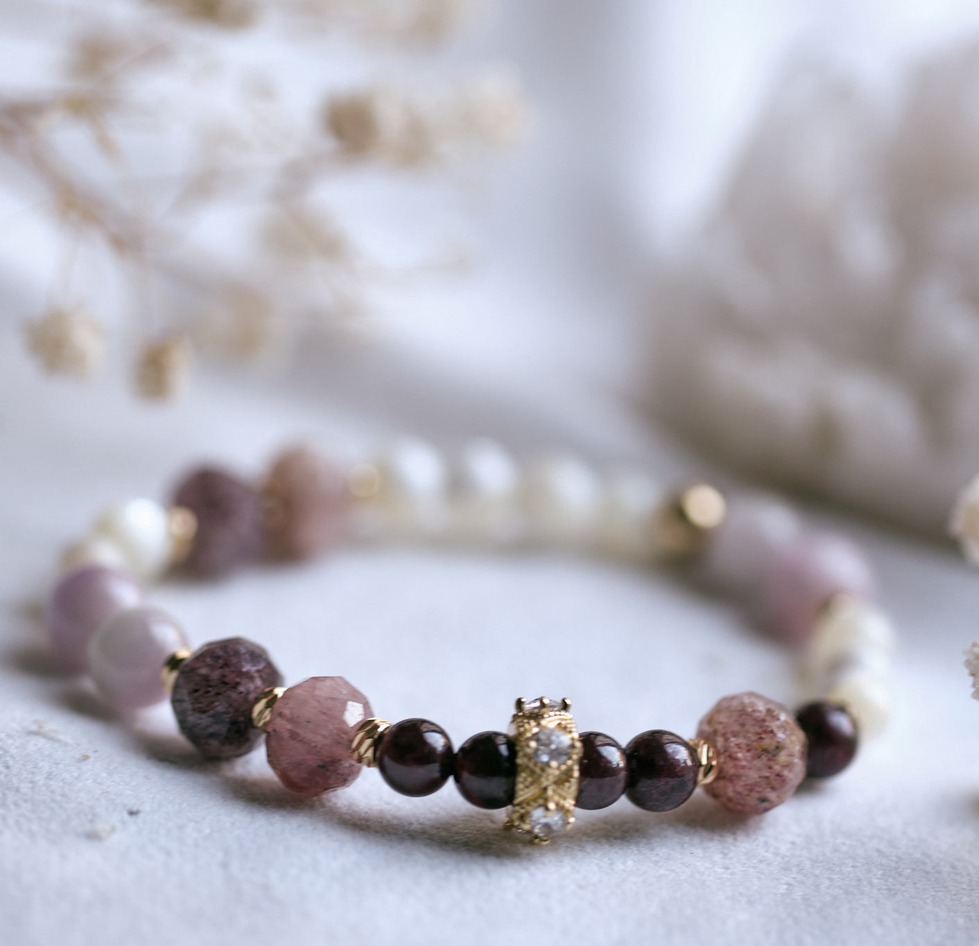 ABUNDANT LOVE Kunzite, Ruby, Garnet and Mother of Pearl Bracelet