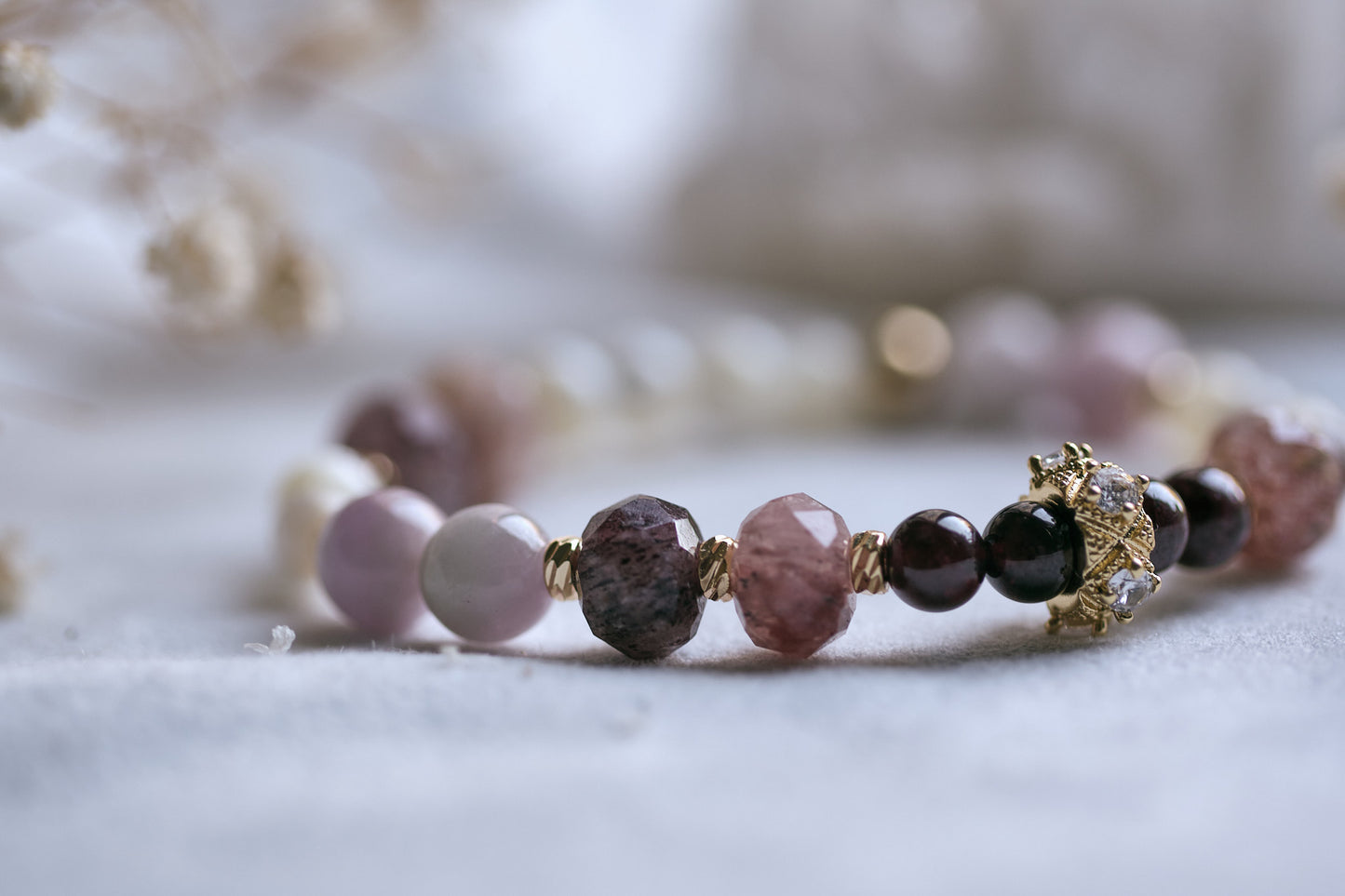 ABUNDANT LOVE Kunzite, Ruby, Garnet and Mother of Pearl Bracelet