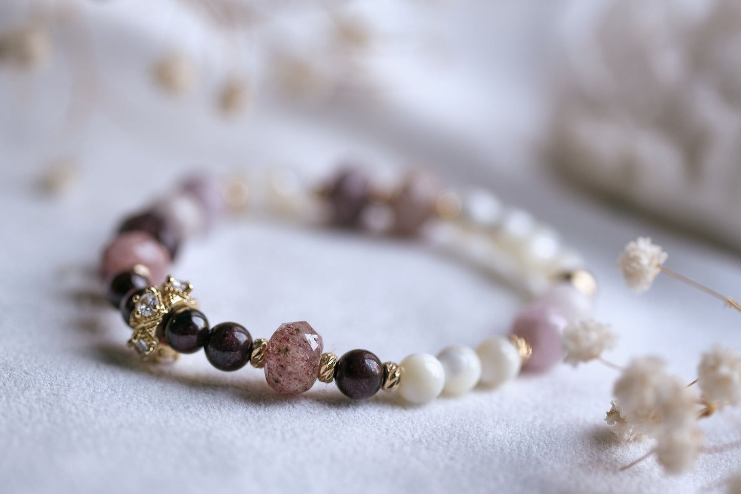 ABUNDANT LOVE Kunzite, Ruby, Garnet and Mother of Pearl Bracelet