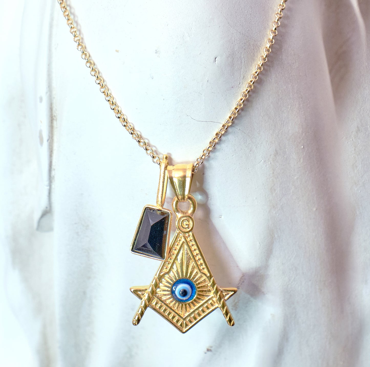 ACHIEVER 12mm Black Onyx and Evil Eye Amulet Necklace