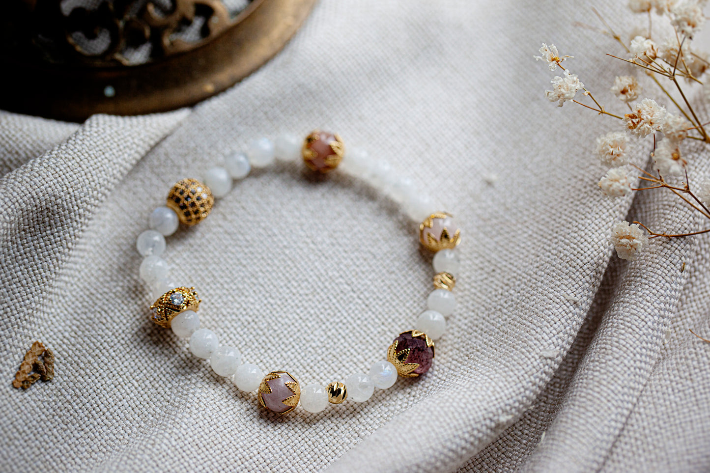 LAKSHIMI GODDESS OF MONEY WEALTH AND SUCCESS Rainbow Moonstone, Ruby, Kunzite, and Sunstone Bracelet
