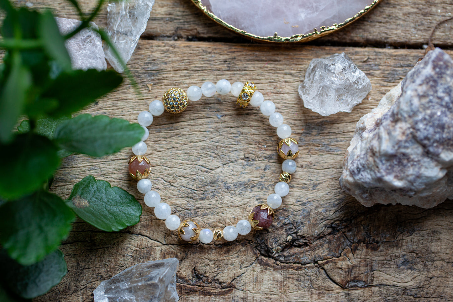 LAKSHIMI GODDESS OF MONEY WEALTH AND SUCCESS Rainbow Moonstone, Ruby, Kunzite, and Sunstone Bracelet