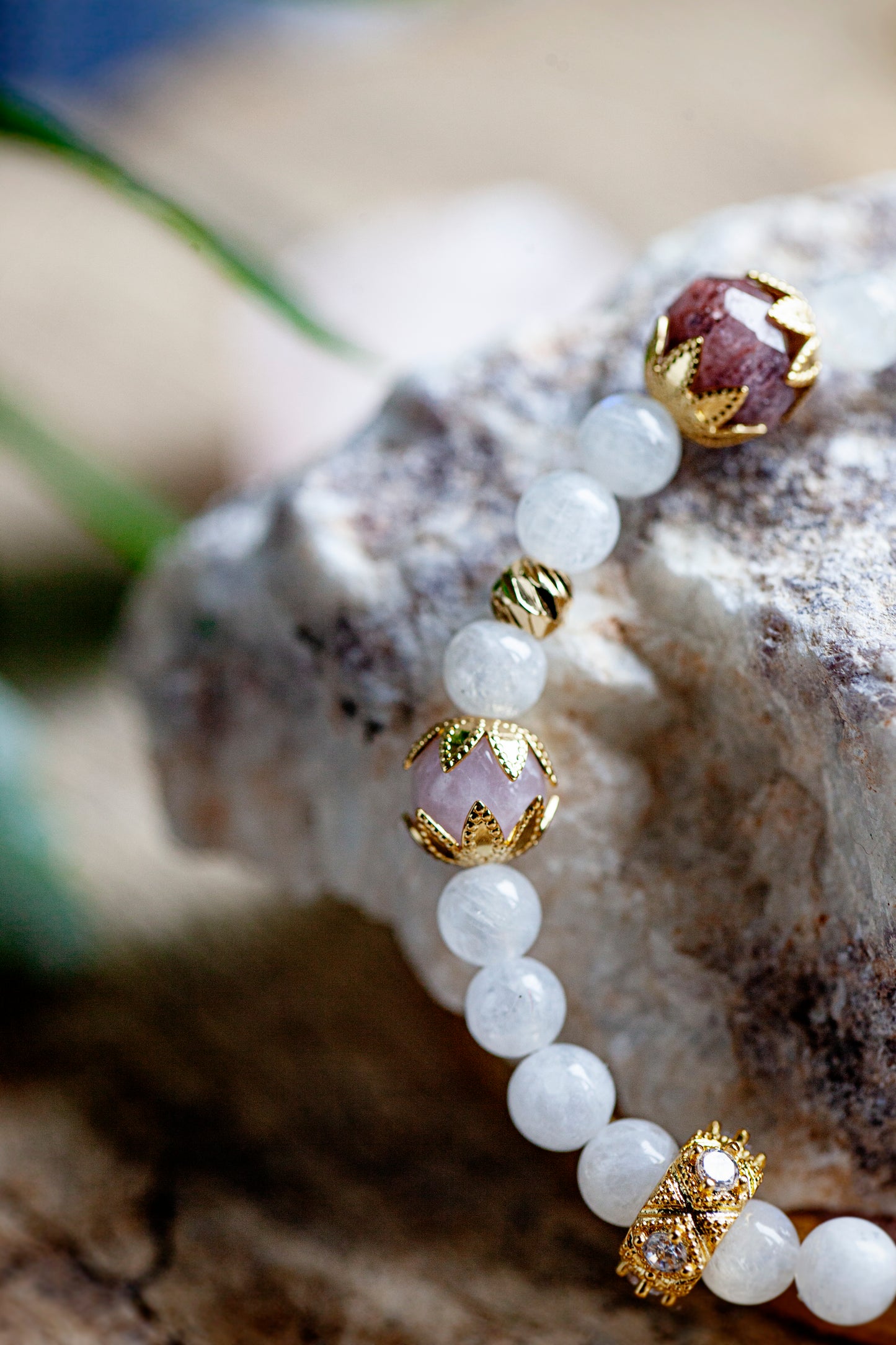 LAKSHIMI GODDESS OF MONEY WEALTH AND SUCCESS Rainbow Moonstone, Ruby, Kunzite, and Sunstone Bracelet