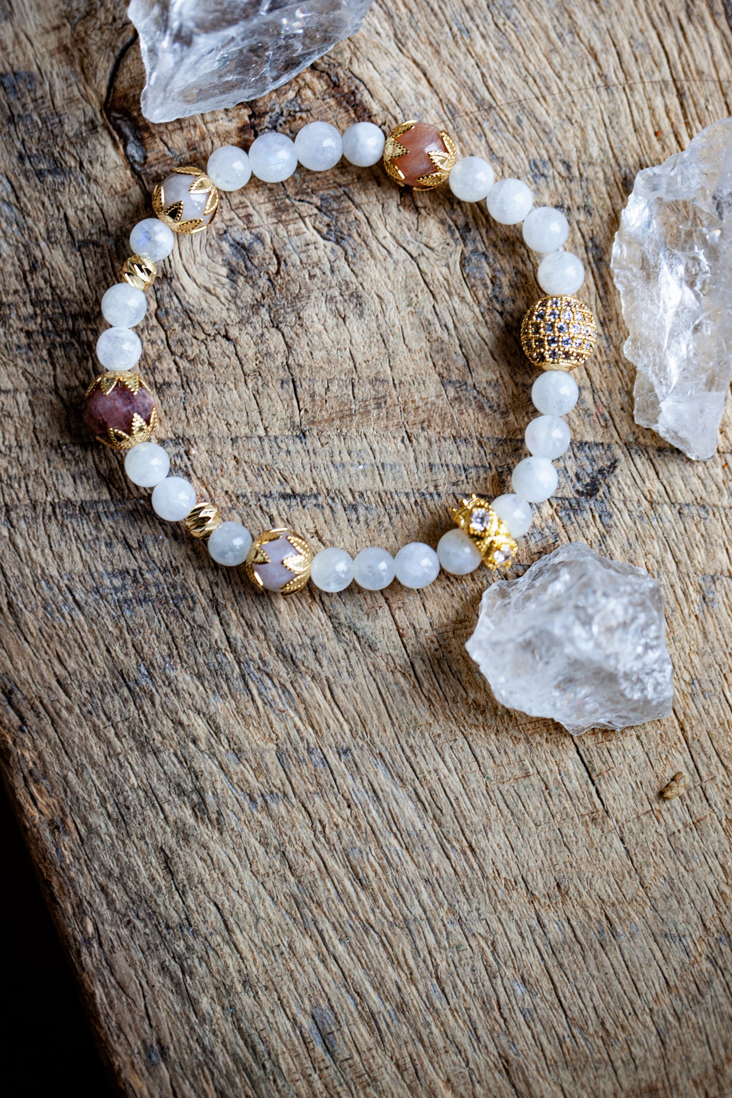 LAKSHIMI GODDESS OF MONEY WEALTH AND SUCCESS Rainbow Moonstone, Ruby, Kunzite, and Sunstone Bracelet