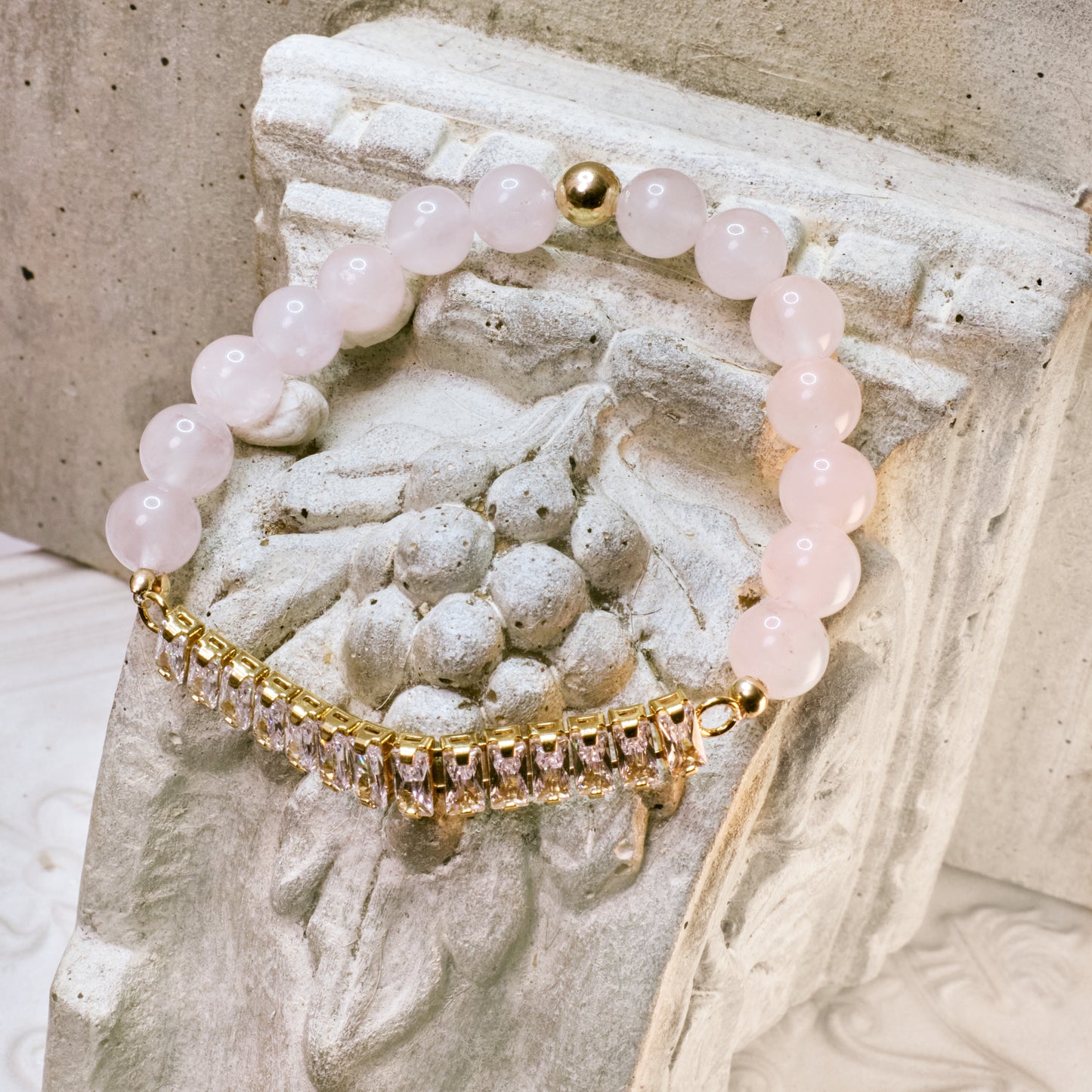 QUEEN OF HEARTS Rose Quartz Rhinestone Baguette Bracelet