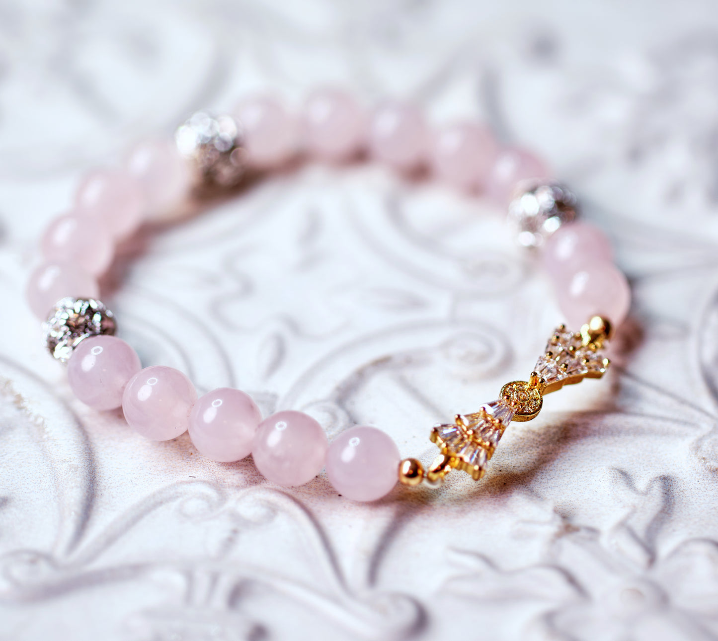QUEEN OF HEARTS Rose Quartz Bow Bracelet