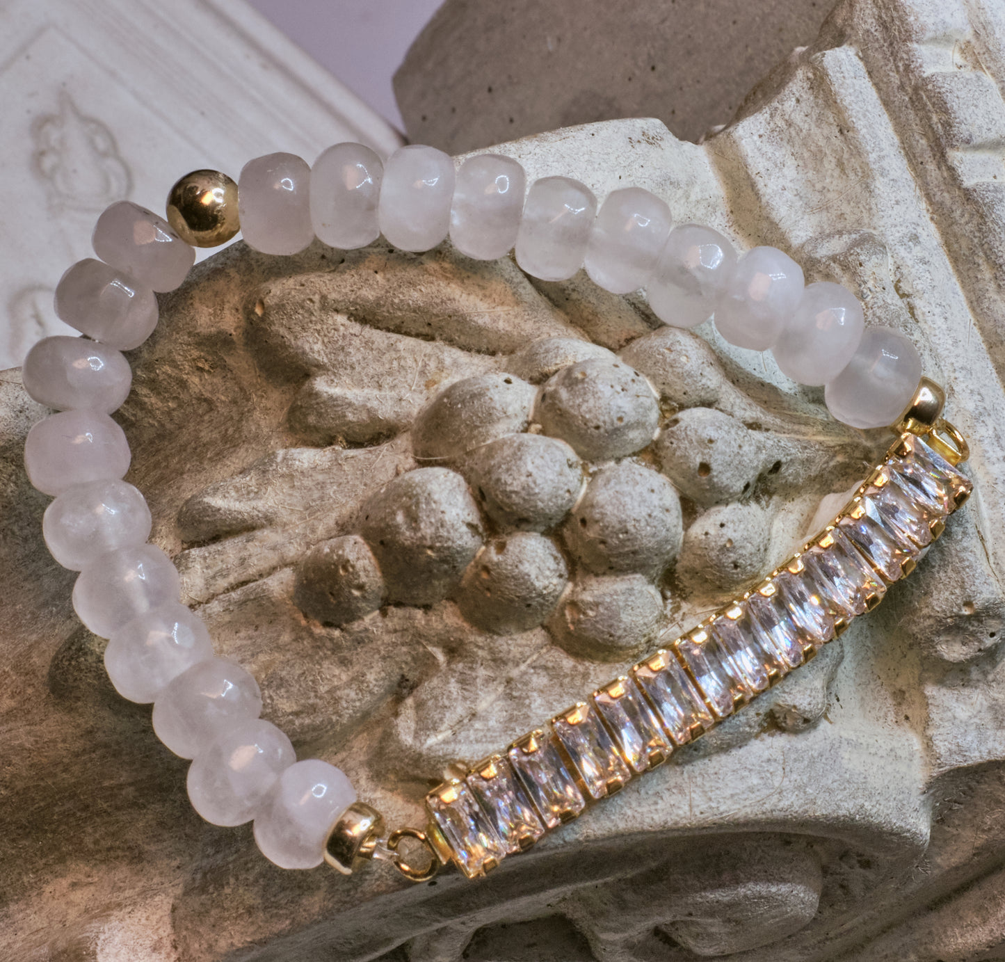 QUEEN OF HEARTS Rose Quartz Rhinestone Baguette Bracelet