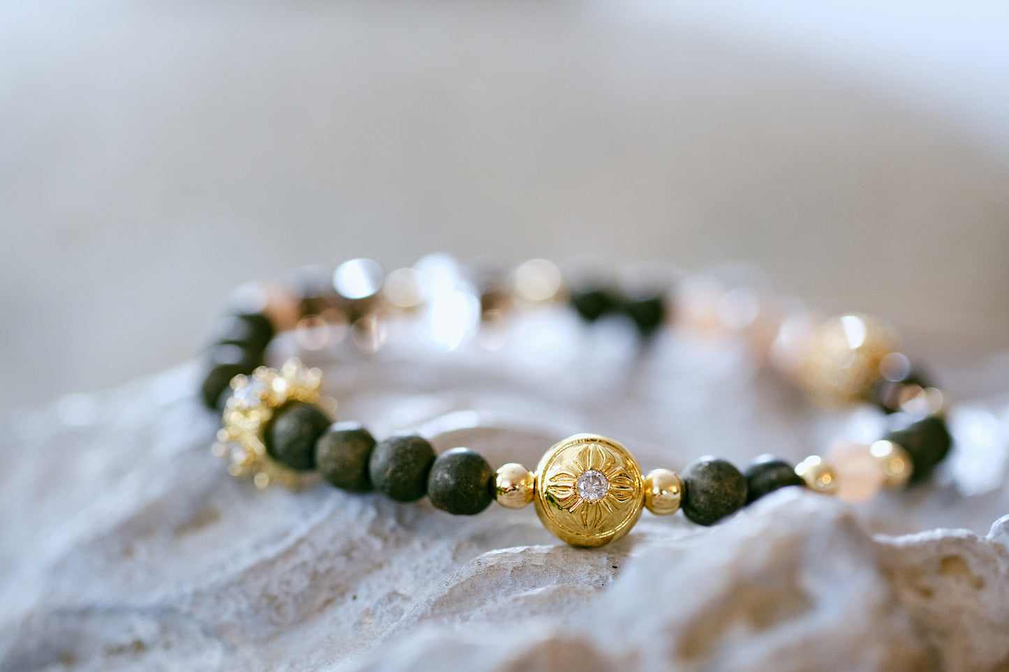 UNSTOPPABLE Pyrite, Sunstone, Clear Quartz, and Smokey Quartz Bracelet