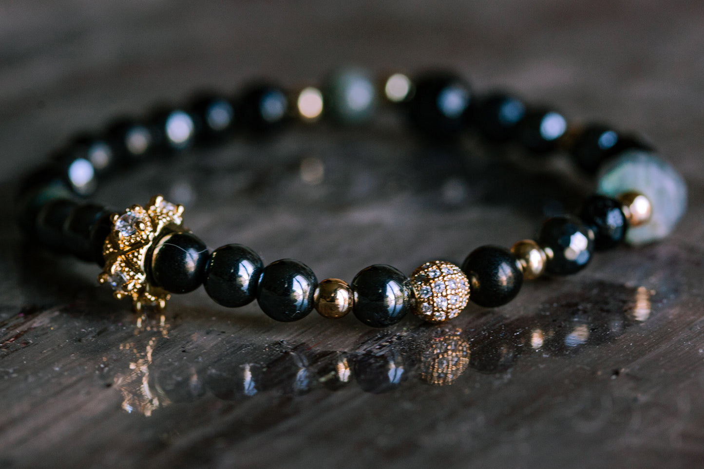 MAGIC AND PROTECTION Grey Hawk Eye, Labradorite, Black Tourmaline, Shungite, Jet, Black Obsidian and Hematite Bracelet
