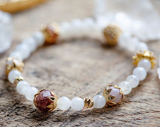 LAKSHIMI GODDESS OF MONEY WEALTH AND SUCCESS Rainbow Moonstone, Ruby, Kunzite, and Sunstone Bracelet