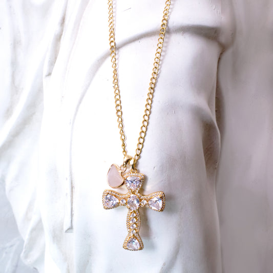 QUEEN OF HEARTS Rose Quartz Alexandra Cross Necklace
