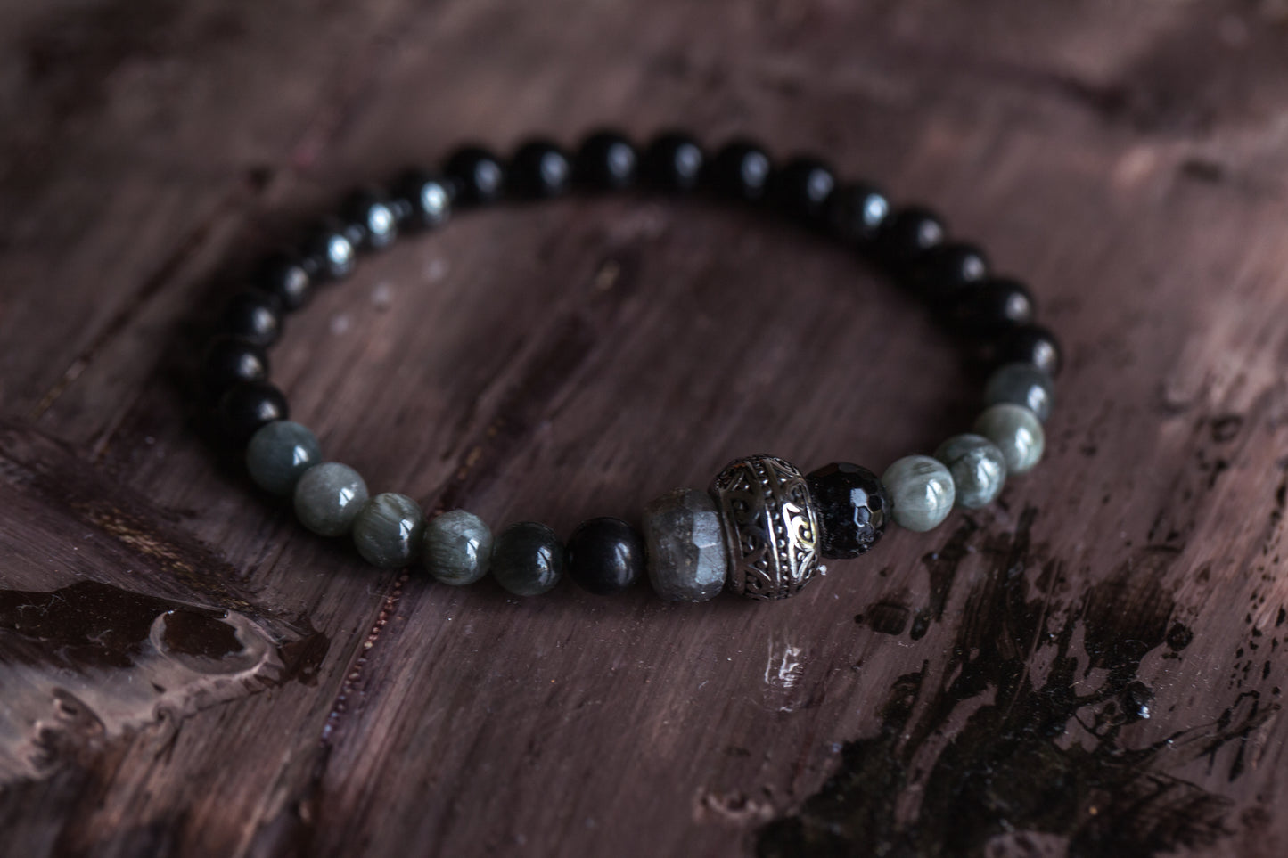 MAGIC AND PROTECTION  Grey Hawk Eye, Labradorite, Black Tourmaline, Shungite, Jet, Black Obsidian and Hematite Unisex Bracelet