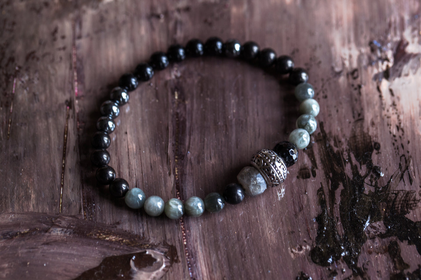 MAGIC AND PROTECTION  Grey Hawk Eye, Labradorite, Black Tourmaline, Shungite, Jet, Black Obsidian and Hematite Unisex Bracelet