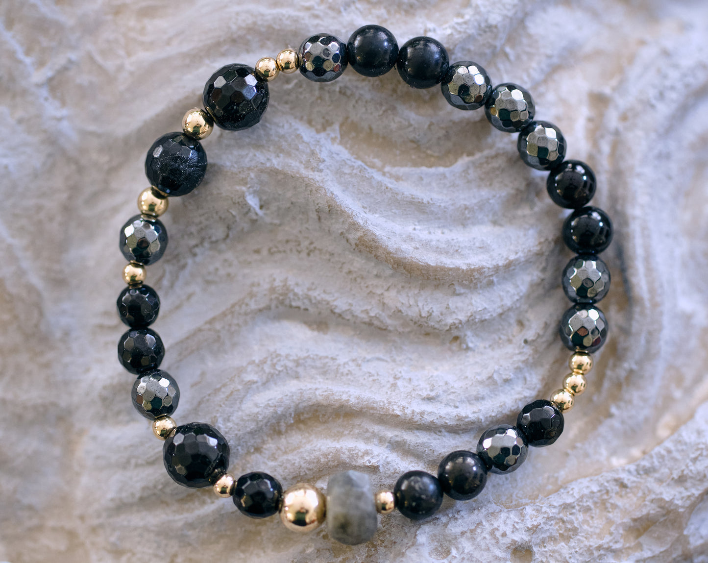 MAGIC AND PROTECTION  Labradorite, Black Tourmaline, Shungite, Jet, Black Obsidian and Hematite 14k Gold-Filled Bracelet