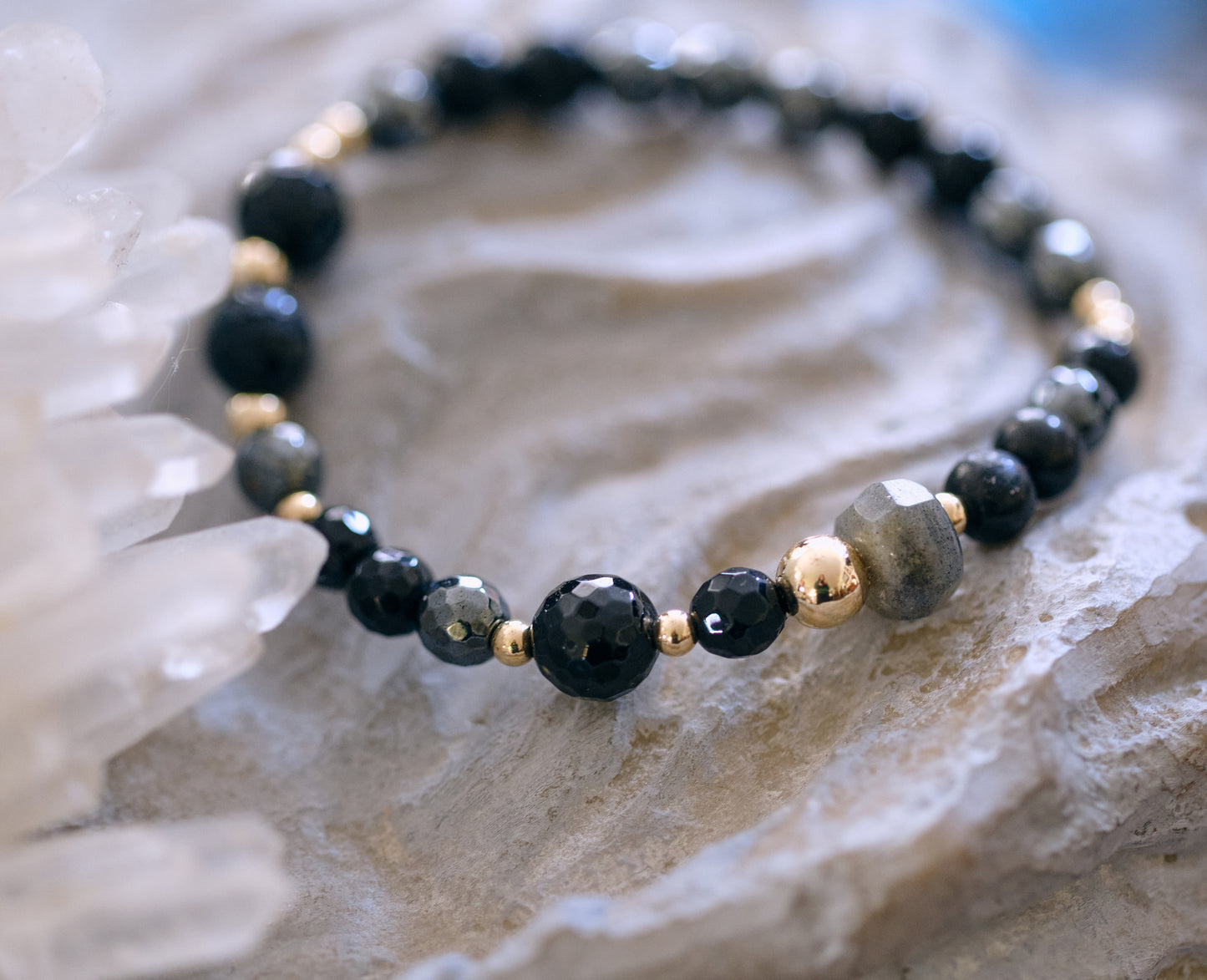 MAGIC AND PROTECTION  Labradorite, Black Tourmaline, Shungite, Jet, Black Obsidian and Hematite 14k Gold-Filled Bracelet