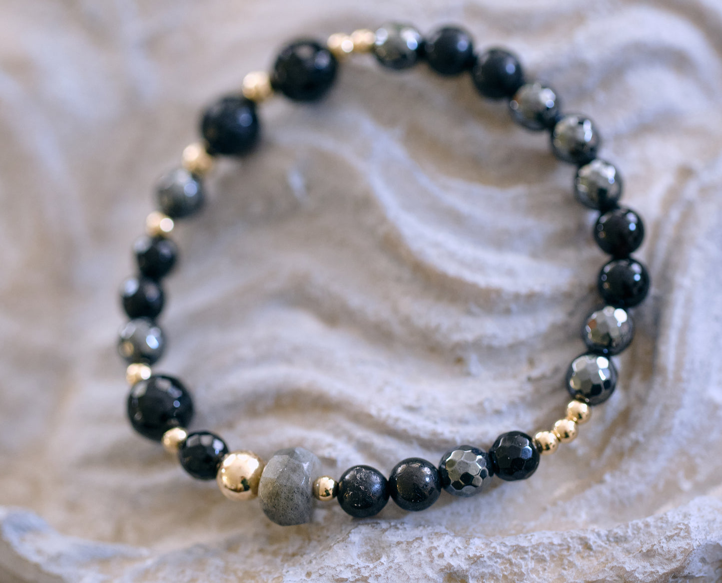 MAGIC AND PROTECTION  Labradorite, Black Tourmaline, Shungite, Jet, Black Obsidian and Hematite 14k Gold-Filled Bracelet