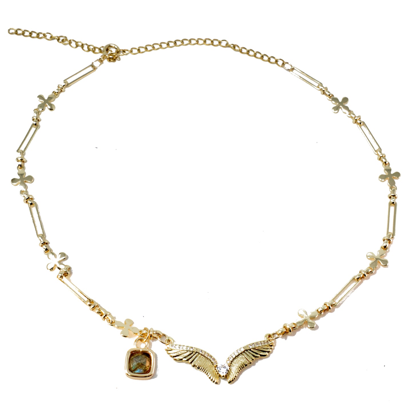 MAGIC AND PROTECTION Labradorite Angel Wings Quatrofoil Necklace