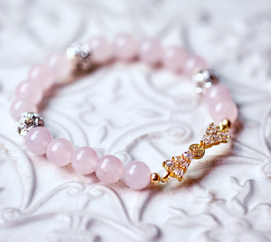 QUEEN OF HEARTS Rose Quartz Bow Bracelet
