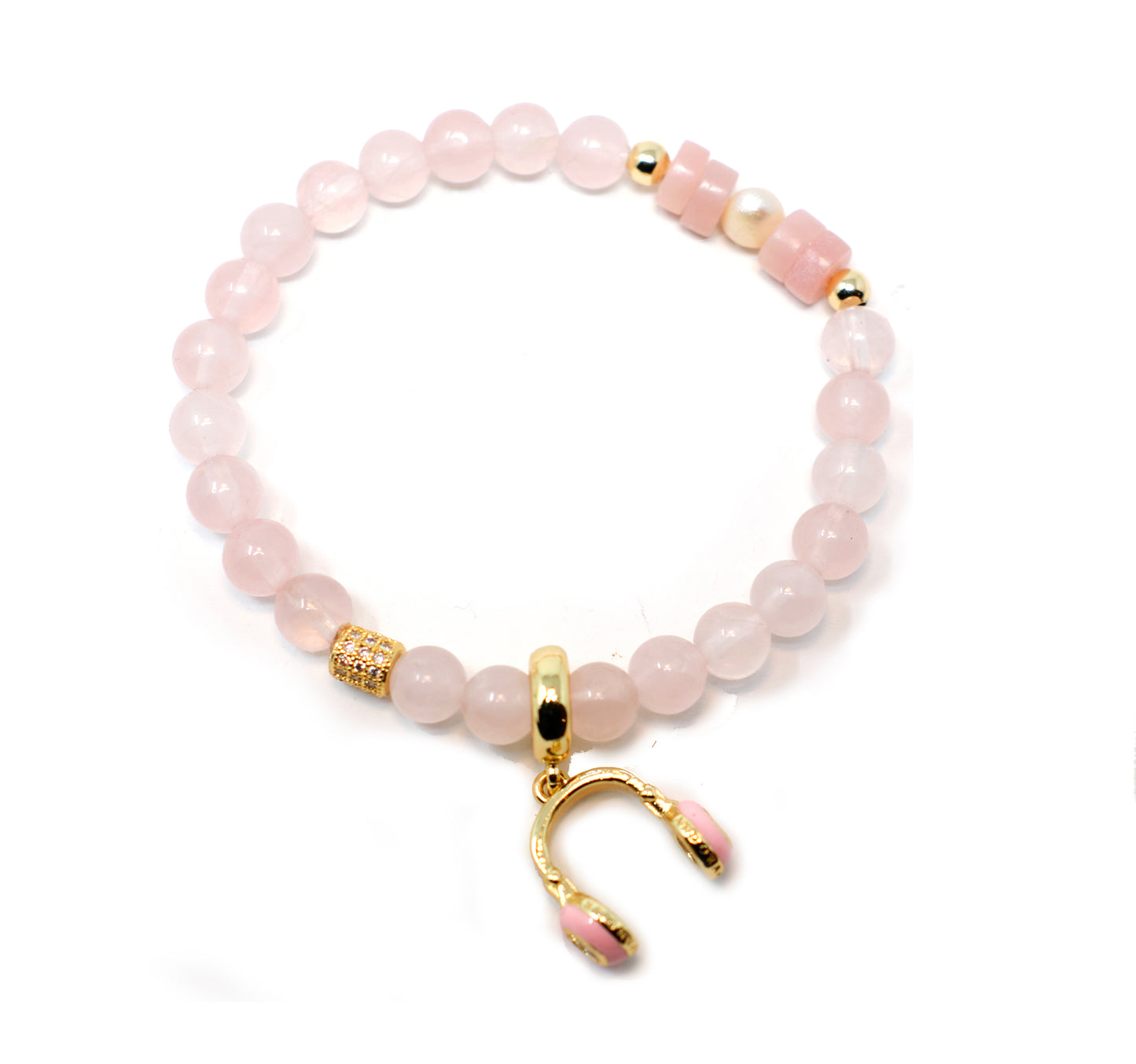 QUEEN OF HEARTS Rose Quartz, Pink Opal, and Pearl with Headphones Charm Bracelet