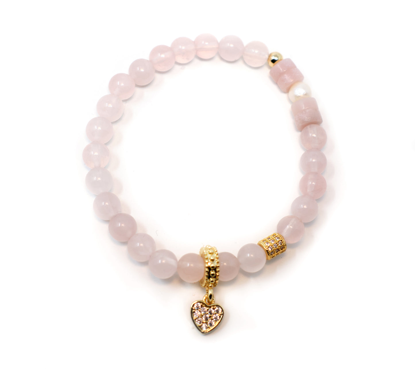 QUEEN OF HEARTS Rose Quartz, Pink Opal, and Pearl with Heart Charm Bracelet