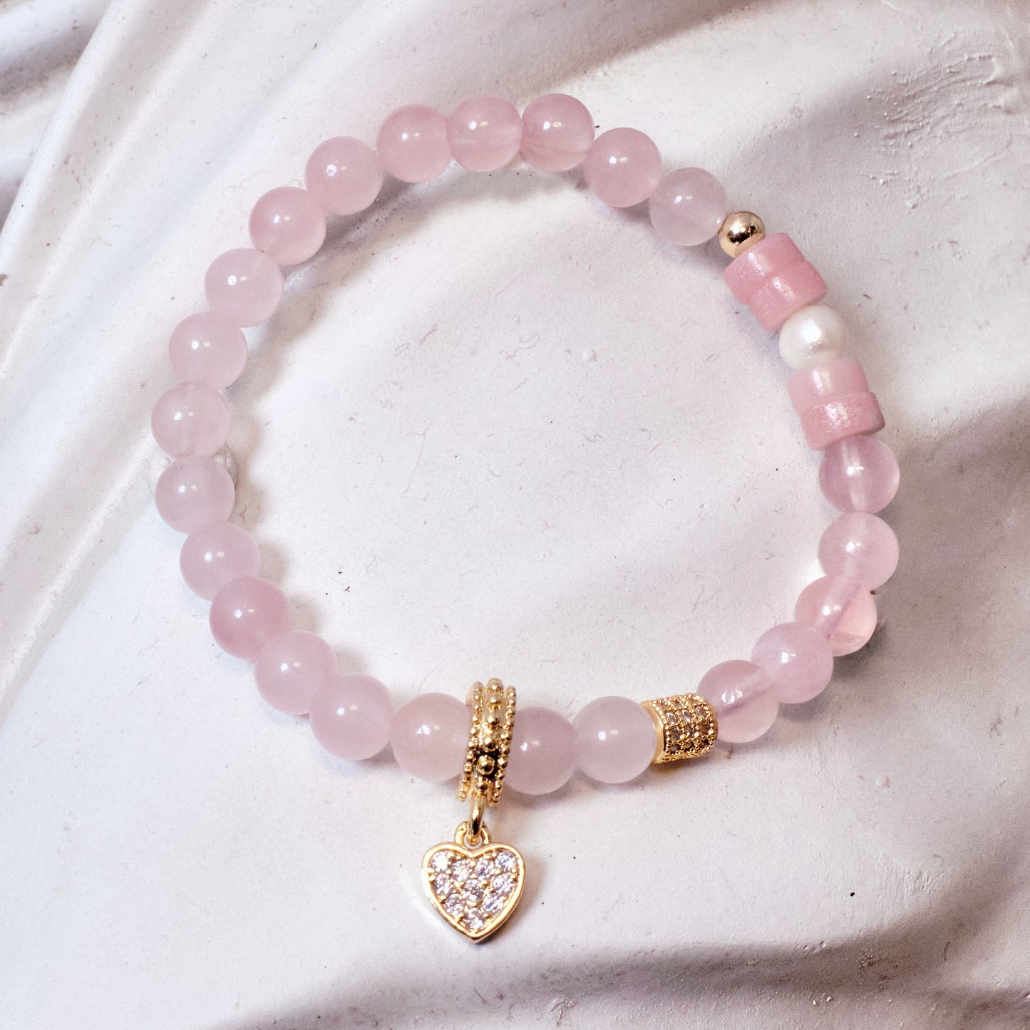 QUEEN OF HEARTS Rose Quartz, Pink Opal, and Pearl with Heart Charm Bracelet