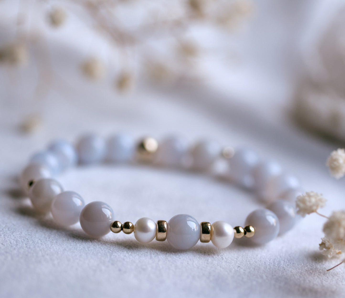 SERENITY Blue Lace Agate and Freshwater Pearl 14k Gold-Filled Bracelet