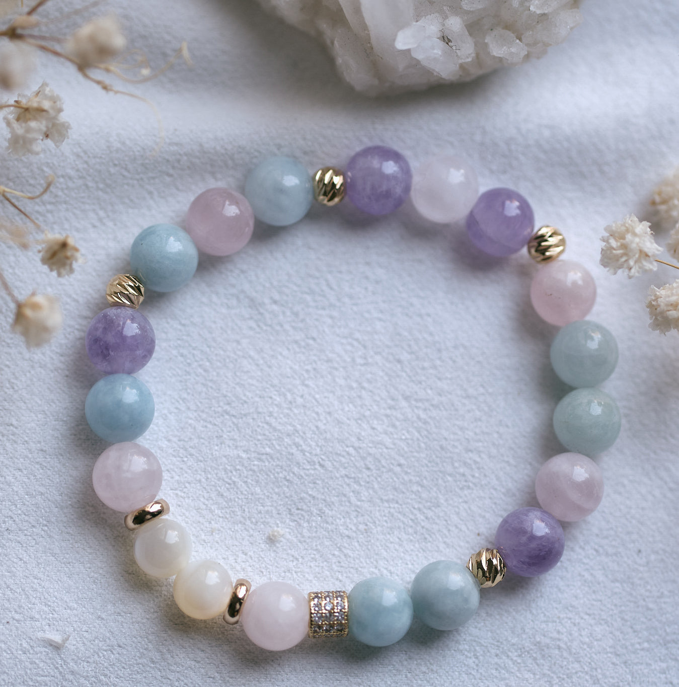 SYNERGY Rose Quartz, Amethyst, Aquamarine and Mother of Pearl Bracelet