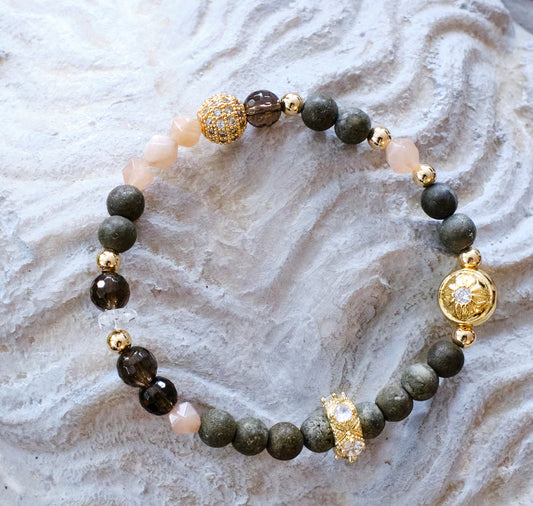 UNSTOPPABLE Pyrite, Sunstone, Clear Quartz, and Smokey Quartz  Bracelet